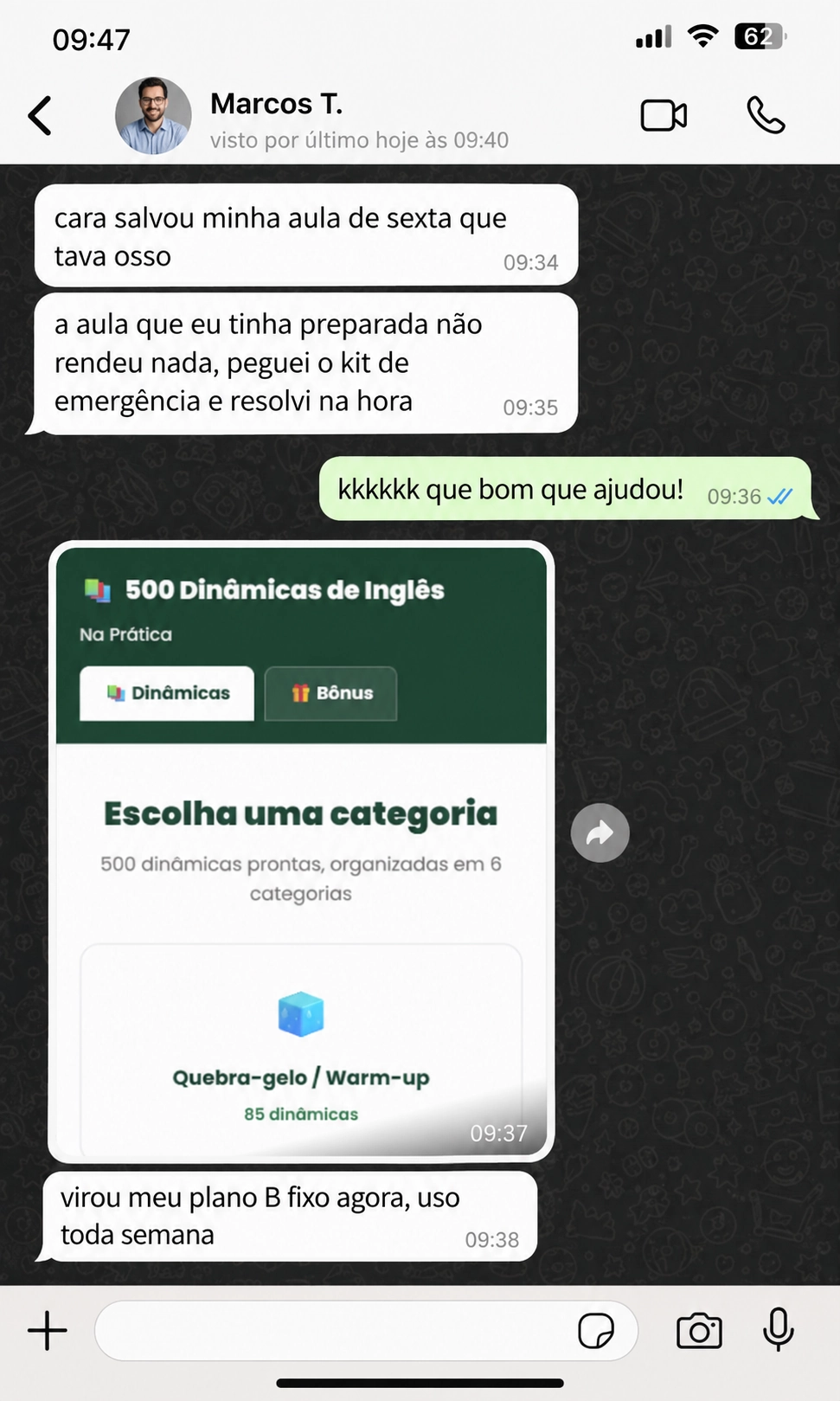 Print de conversa no WhatsApp: Marcos elogiando o kit de emergência das 500 Dinâmicas de Inglês
