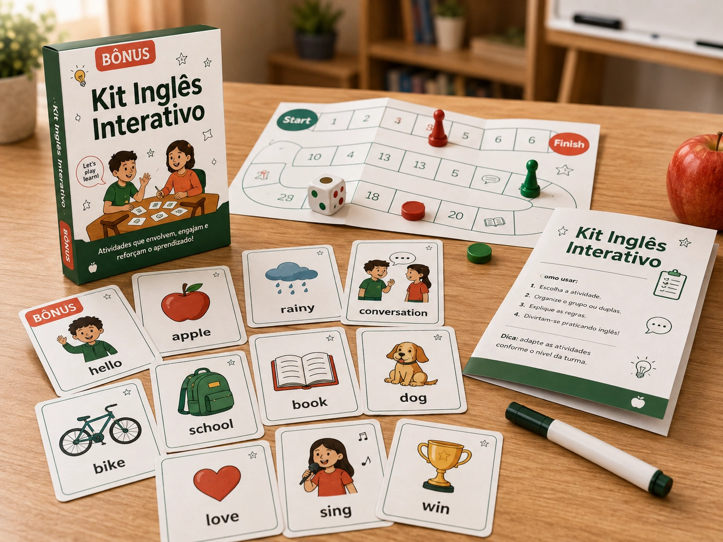 Mockup do bônus Kit Inglês Interativo